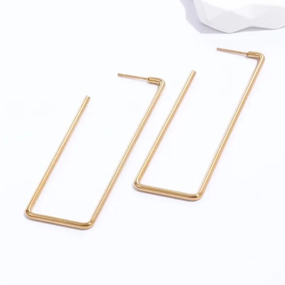 18K Rectangle hoop gold earrings - Picture 3 of 5